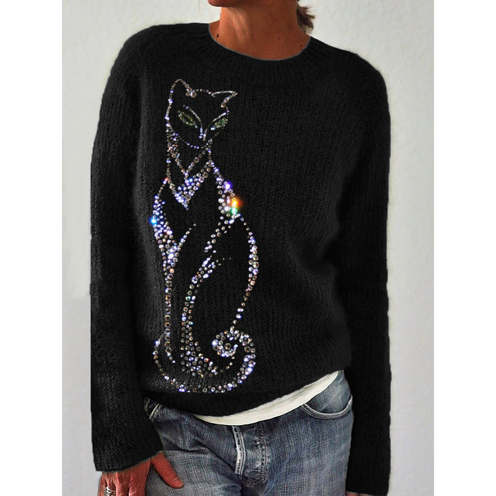Classy Cat Glitter Rhinestone Art Cozy Sweater