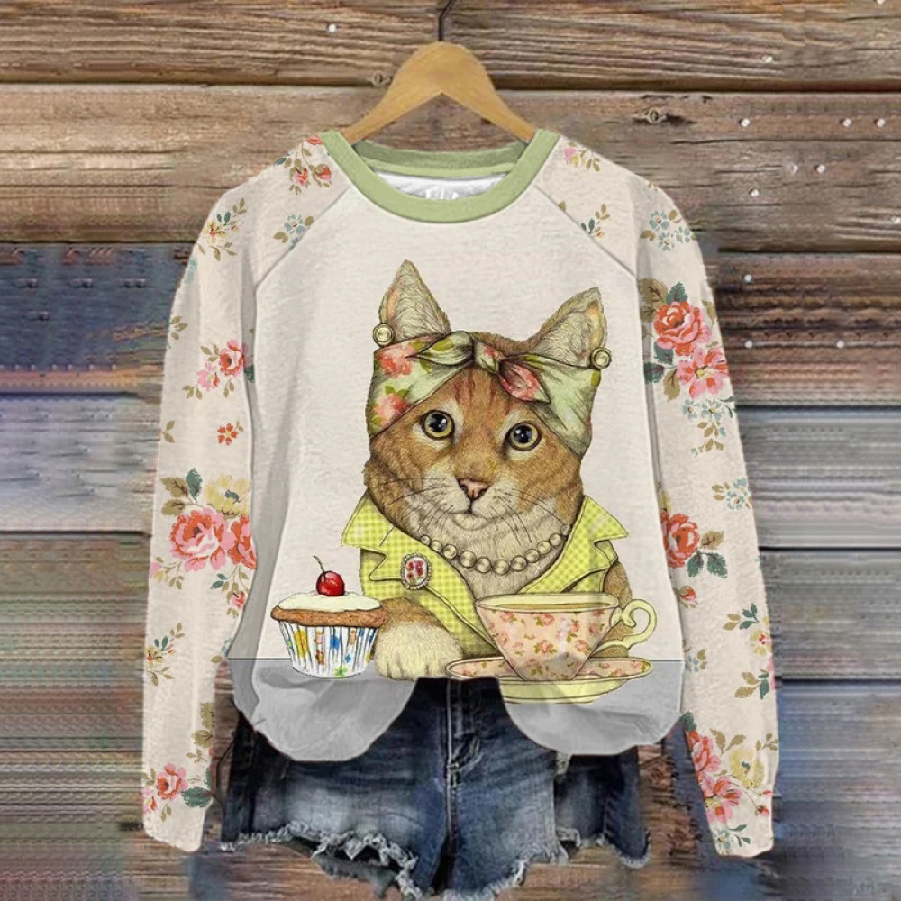 Clothing Cat And Floral Print Sweatshirts