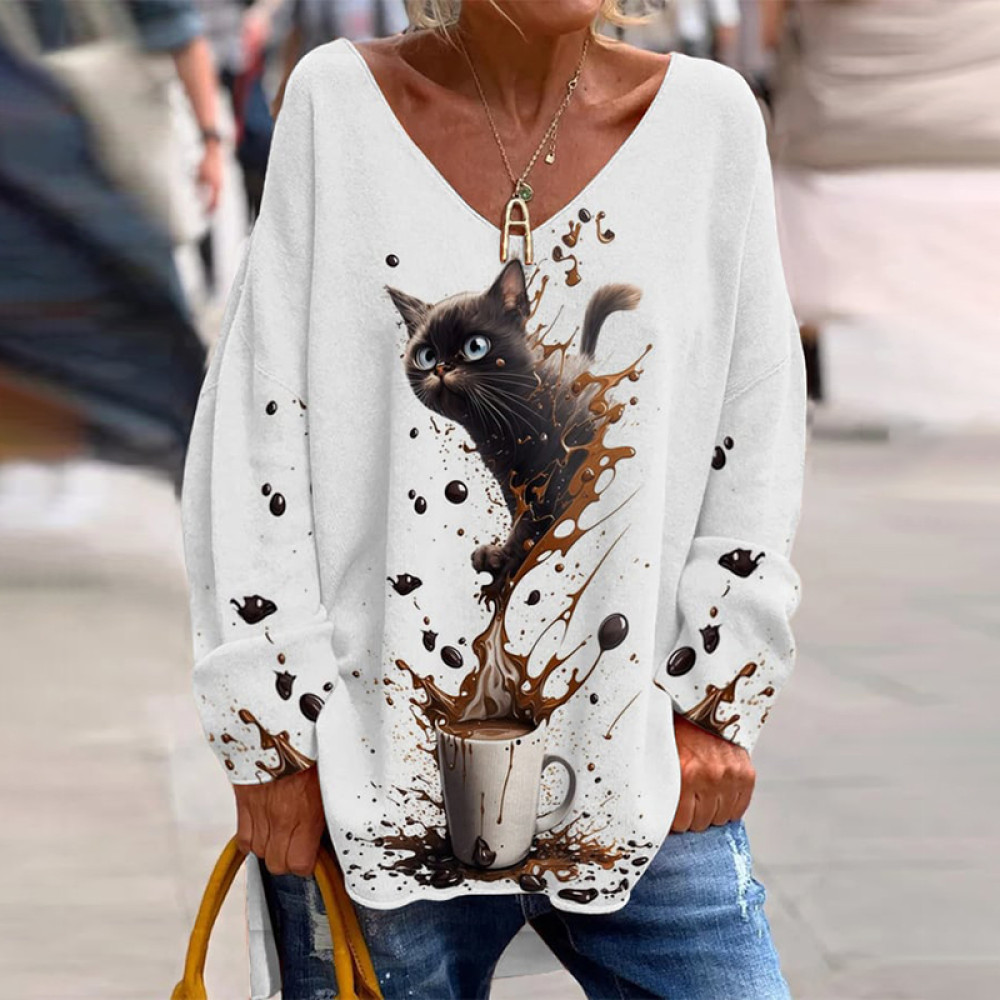 Coffee Cat Print V-Neck Long Sleeve T-Shirt