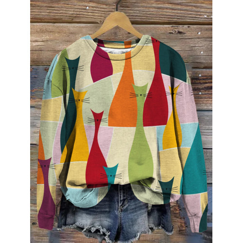 Color Block Cats Art Graphic Vintage Sweatshirt