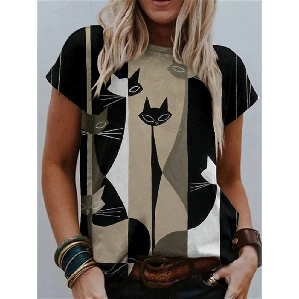 Colorblock Cat Art Graphic T Shirt