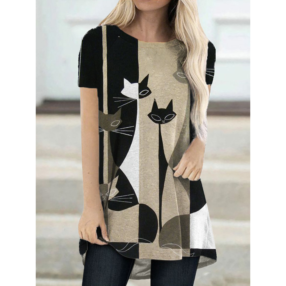 Colorblock Cats Art A Line T Shirt