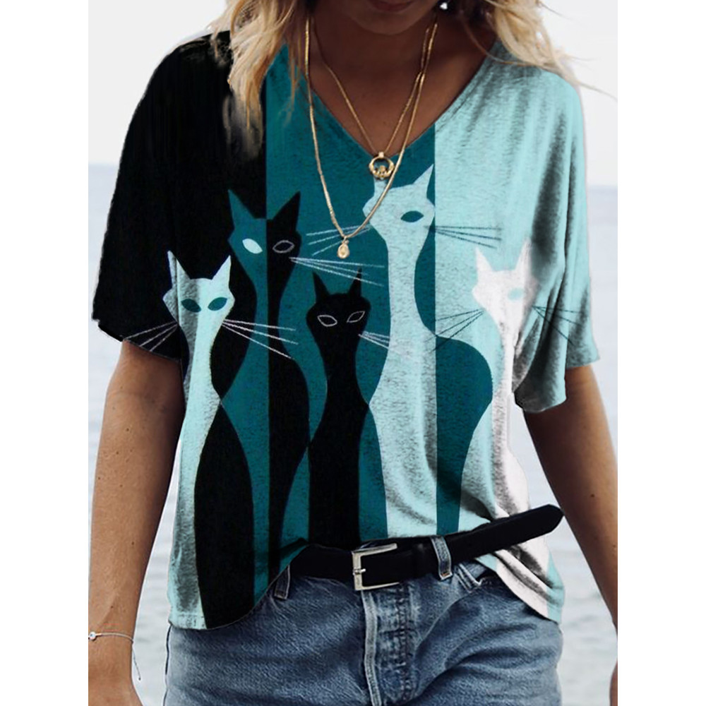 Colorblock Cats Art V Neck T Shirt
