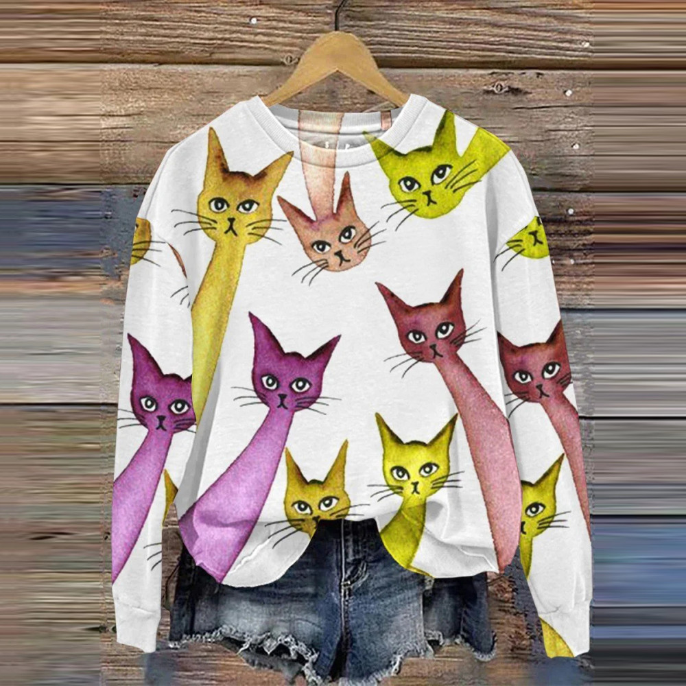 Colorful Cat Art Print Casual Sweatshirt