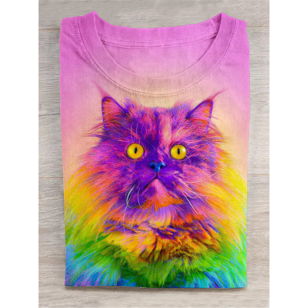 Colorful Cat Art Print Crew Neck Short Sleeve T-Shirt