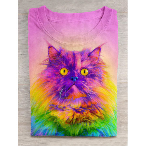 Colorful Cat Art Print Crew Neck Short Sleeve T-Shirt