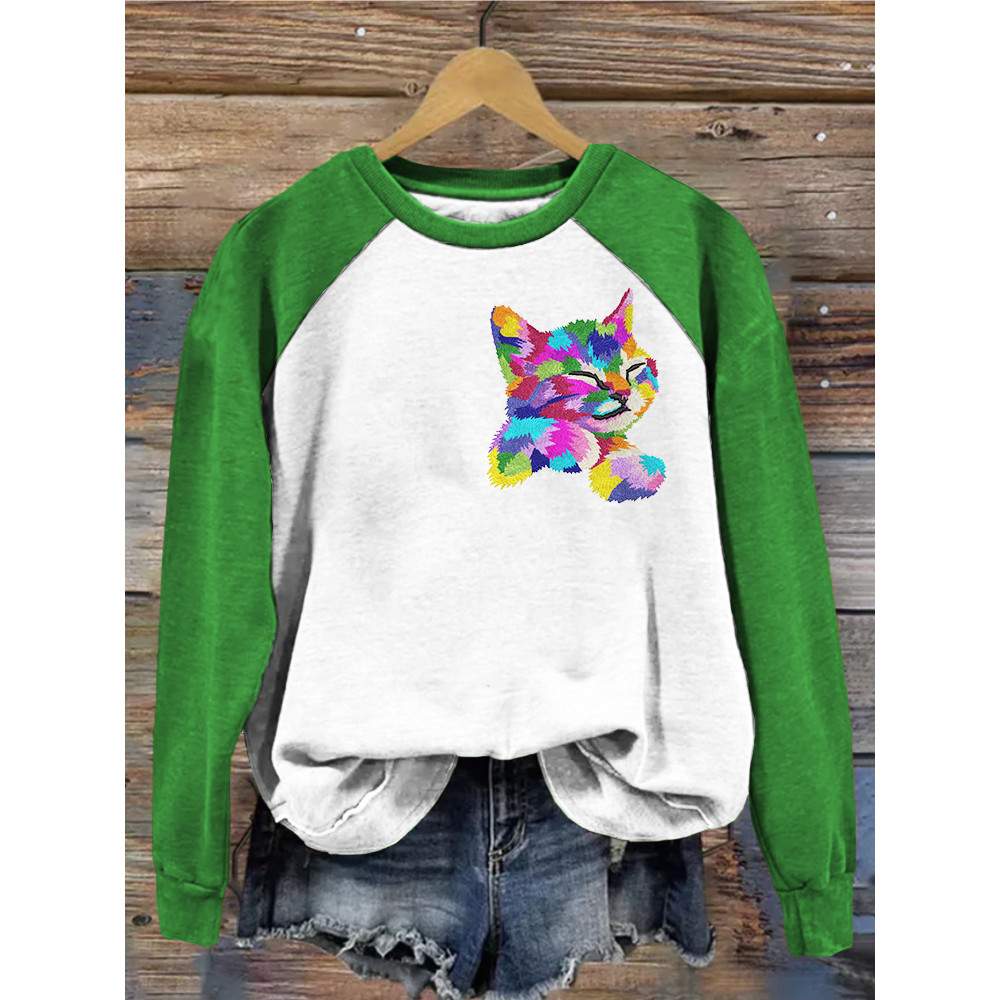 Colorful Cat Embroidery Art Graphic Contrast Comfy Sweatshirt