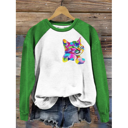 Colorful Cat Embroidery Art Graphic Contrast Comfy Sweatshirt