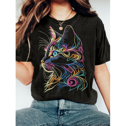 Colorful Cat Embroidery Art Graphic Vintage T Shirt