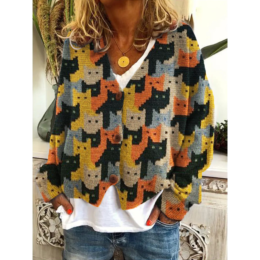Colorful Cats Crochet Art Cozy Knit Cardigan