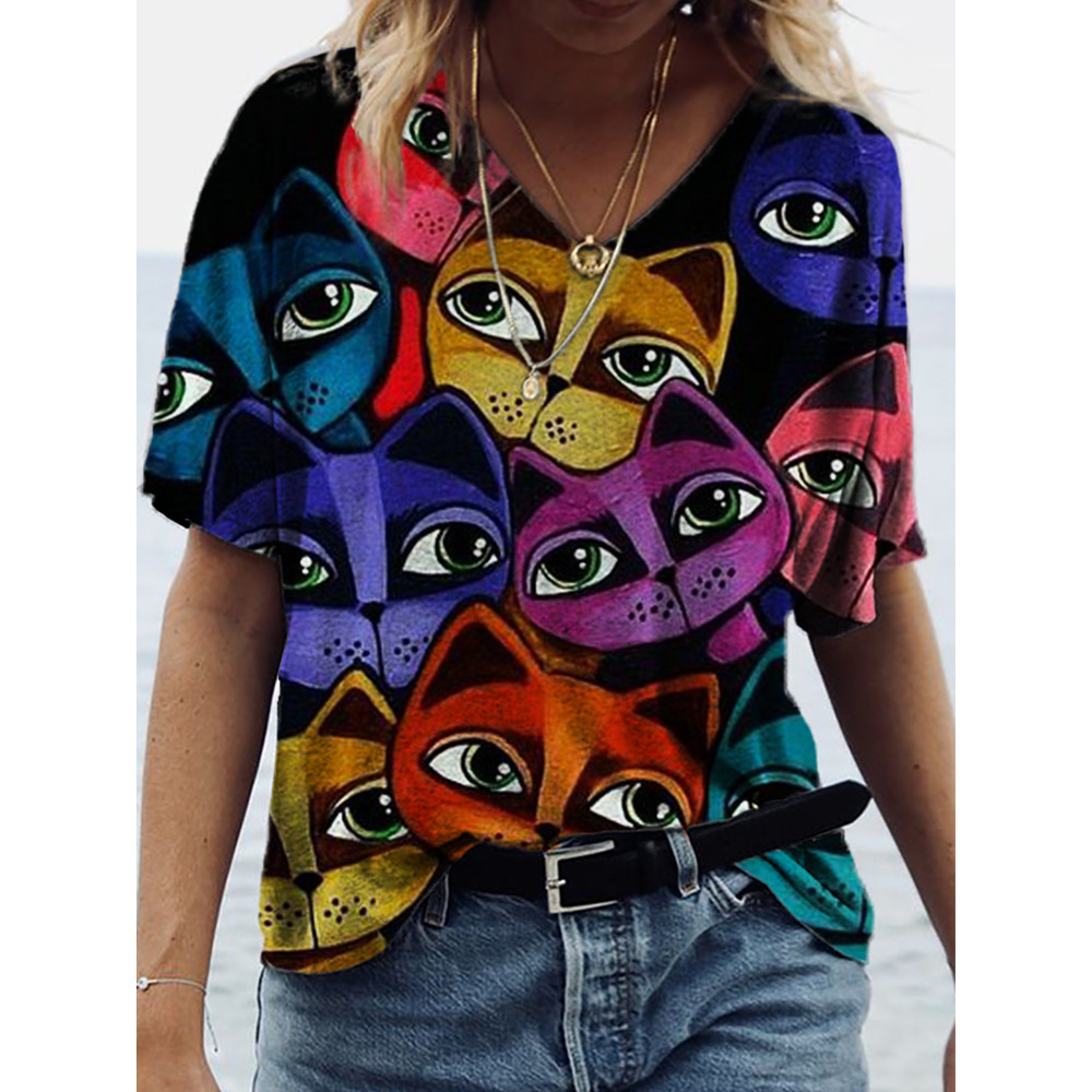 Colorful Cats Face Art V Neck T Shirt