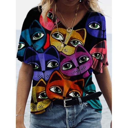 Colorful Cats Face Art V Neck T Shirt