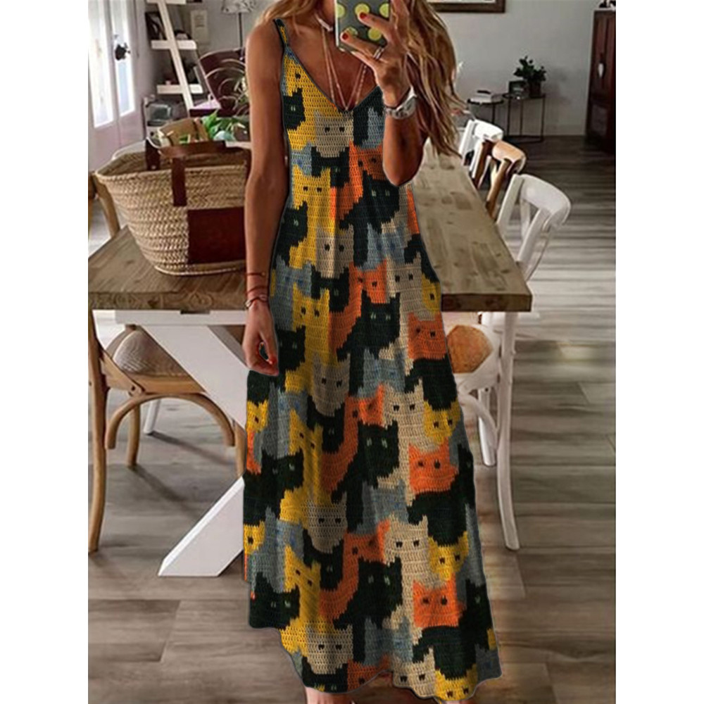 Colorful Cats Knit Art Cami Maxi Dress