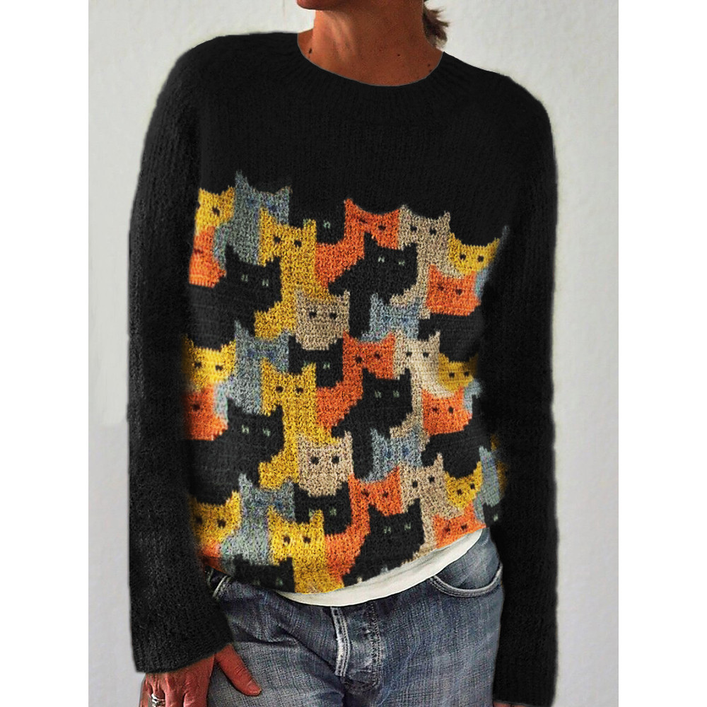 Colorful Cats Knit Art Contrast Cozy Sweater