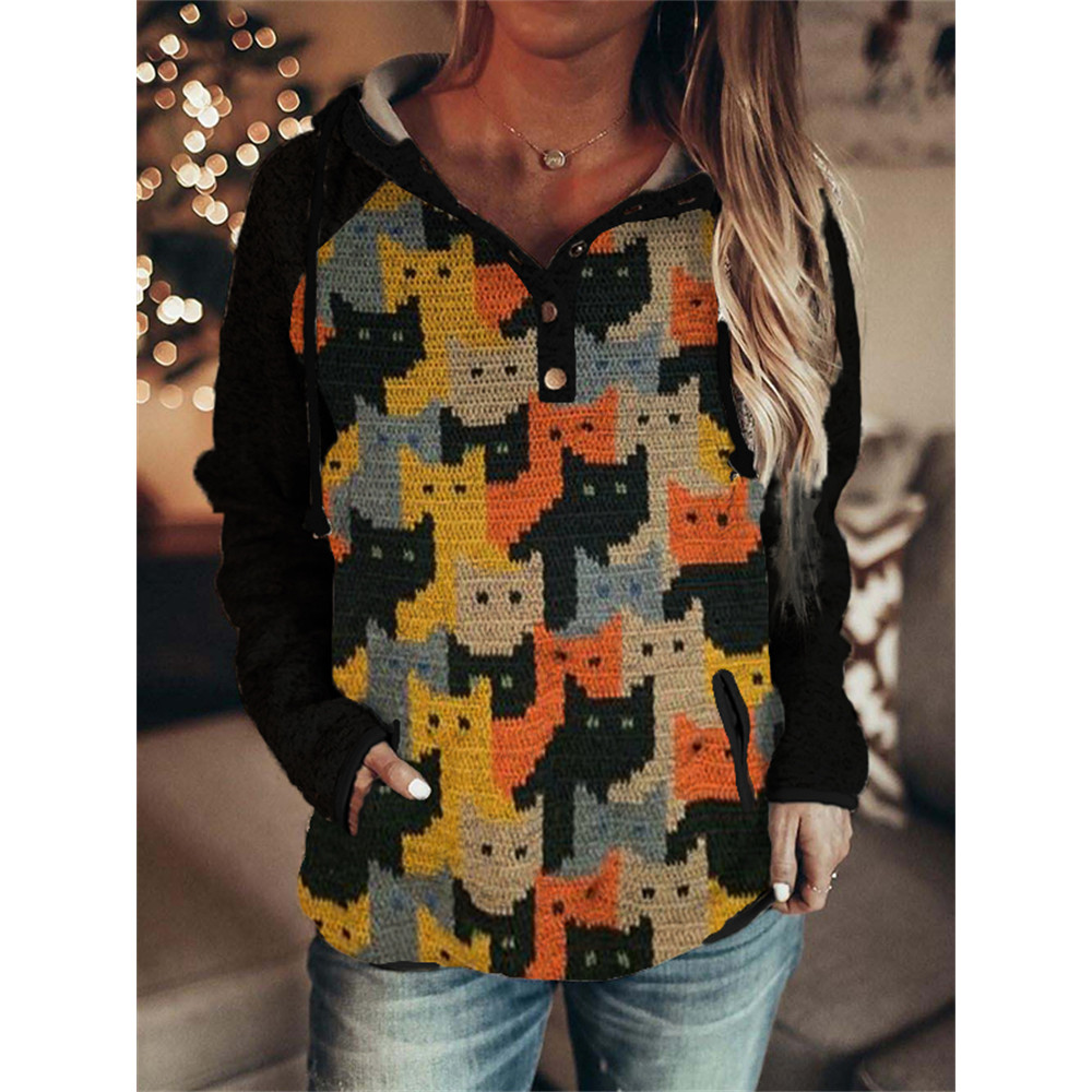Colorful Cats Knit Art Cozy Button Up Hoodie