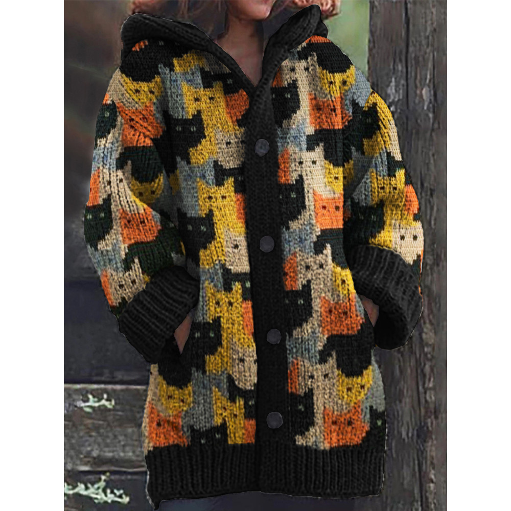 Colorful Cats Knit Art Cozy Hooded Cardigan