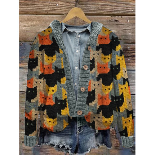 Colorful Cats Knit Art Cozy Hooded Cardigan