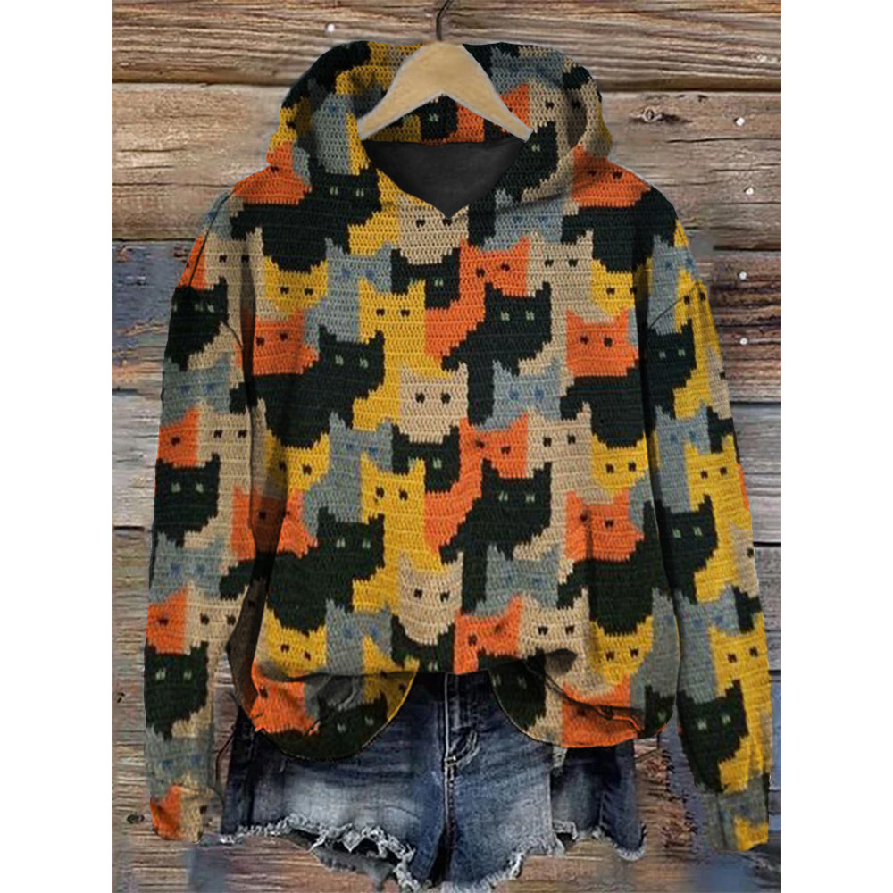 Colorful Cats Knit Art Cozy Hoodie