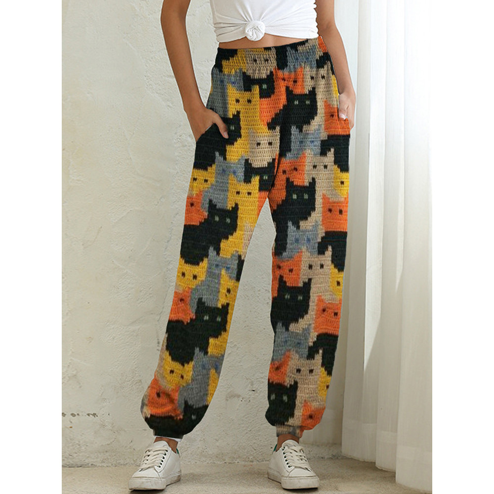 Colorful Cats Knit Art Cozy Sweatpants