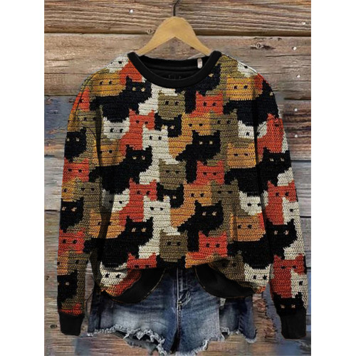 Colorful Cats Knit Art Cozy Sweatshirt