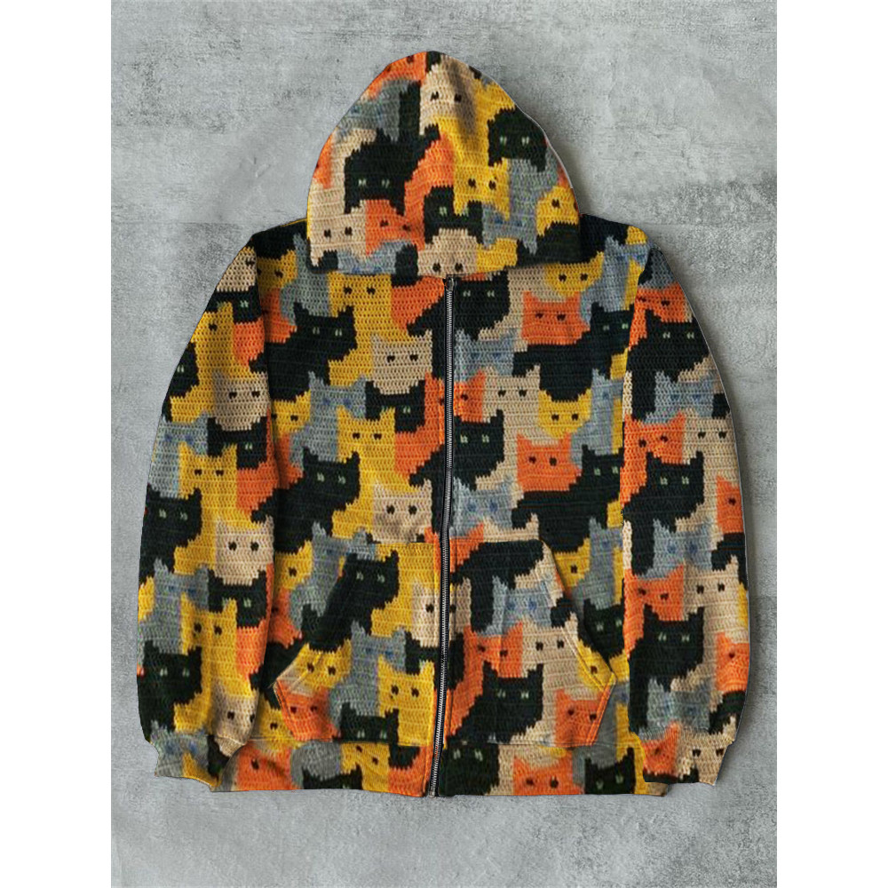 Colorful Cats Knit Art Full Zip Hoodie