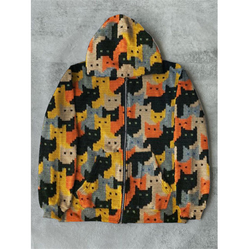 Colorful Cats Knit Art Full Zip Hoodie
