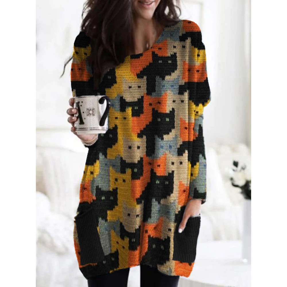 Colorful Cats Knit Art Patch Pockets Cozy Tunic
