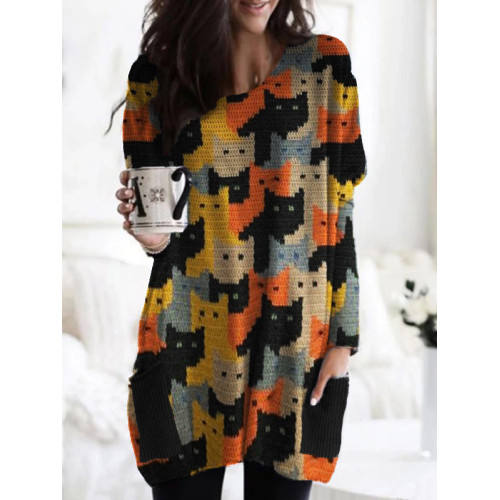 Colorful Cats Knit Art Patch Pockets Cozy Tunic