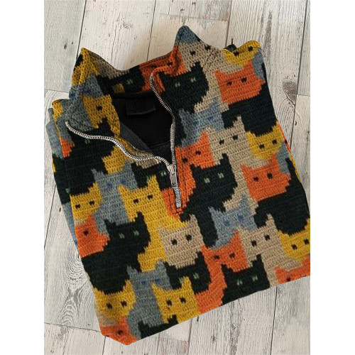 Colorful Cats Knit Art Zip Up Sweatshirt