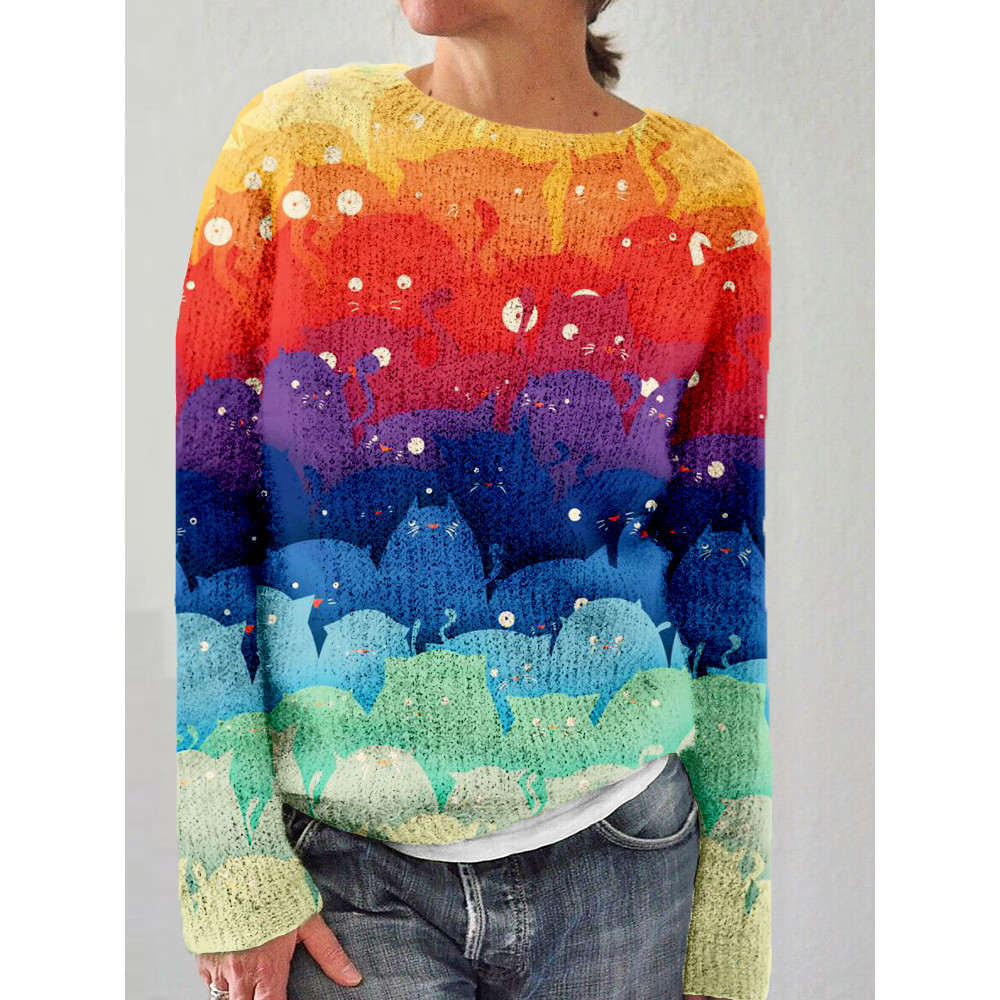 Colorful Crowded Cats Art Crew Neck Comfy Sweater