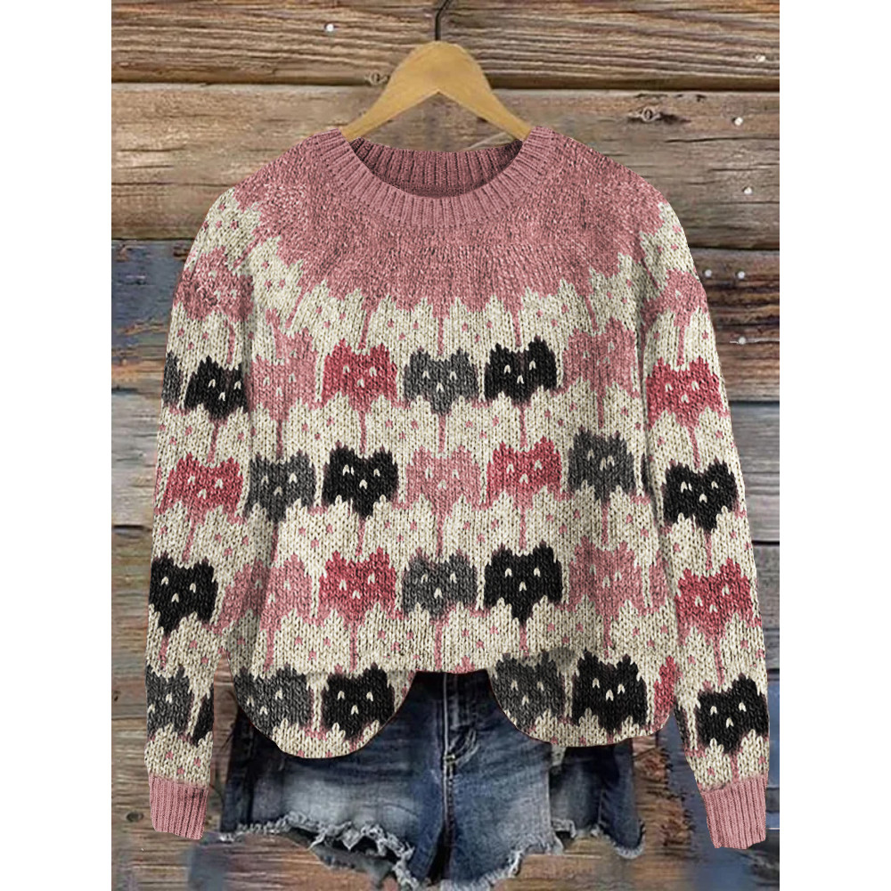 Colorful Crowded Cats Knit Art Cozy Sweater