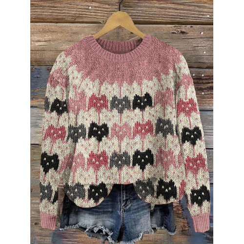 Colorful Crowded Cats Knit Art Cozy Sweater
