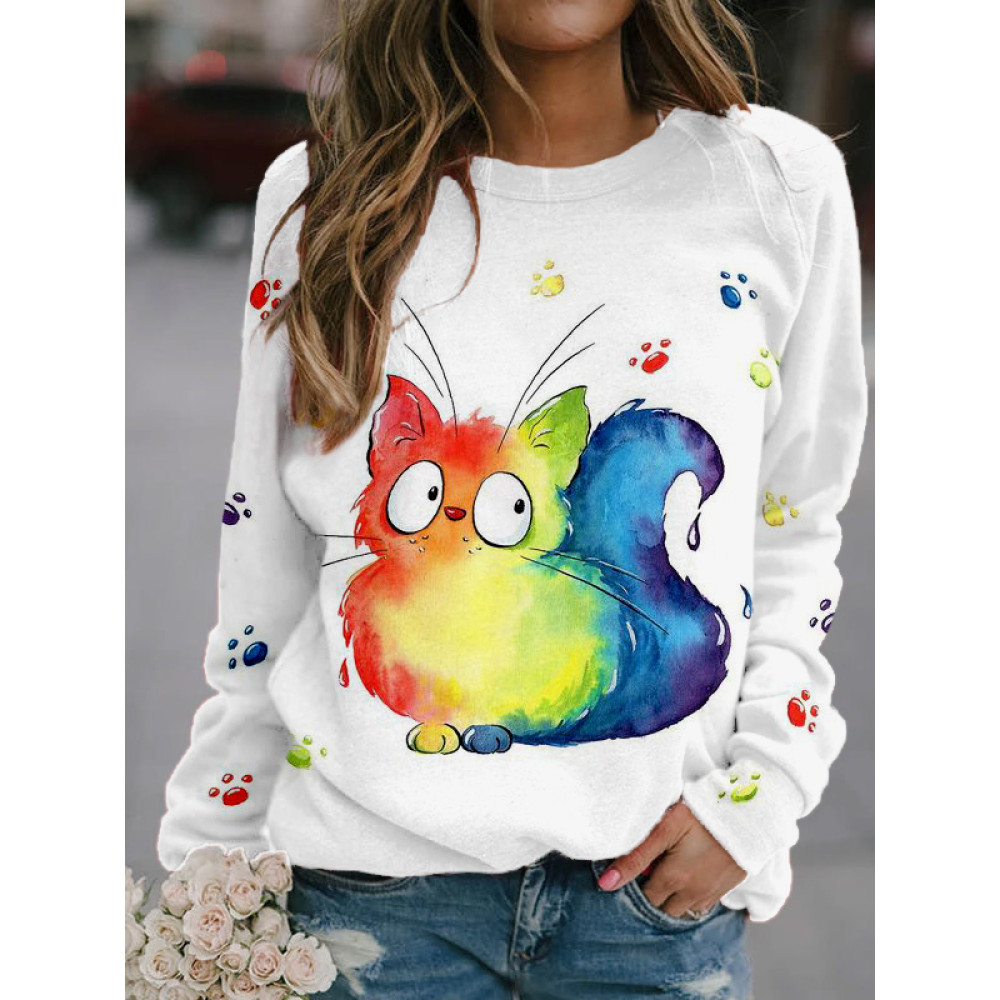 Colorful Cute Cat Art Print Crew Neck Sweatshirt