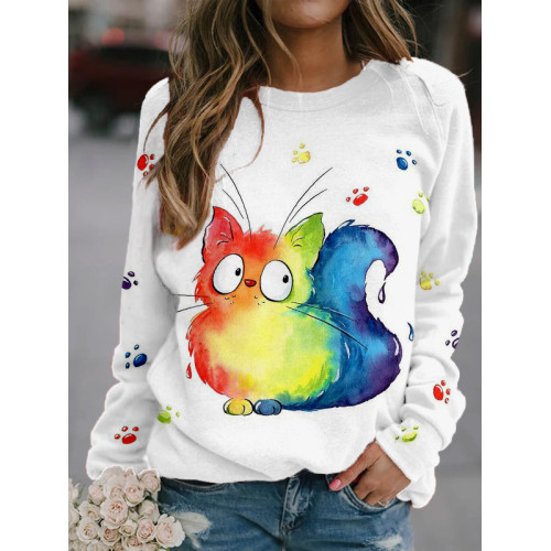 Colorful Cute Cat Art Print Crew Neck Sweatshirt