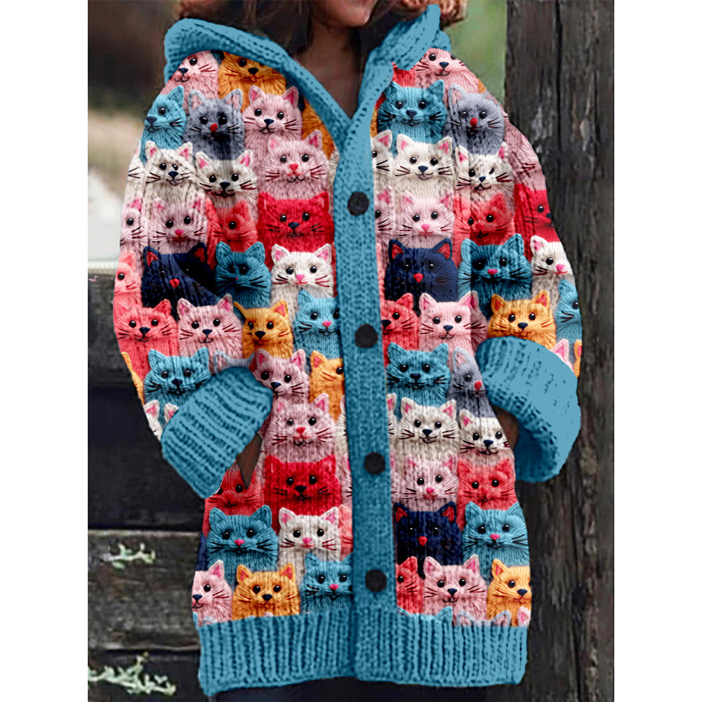 Colorful Spring Cats Pattern Cozy Hooded Cardigan