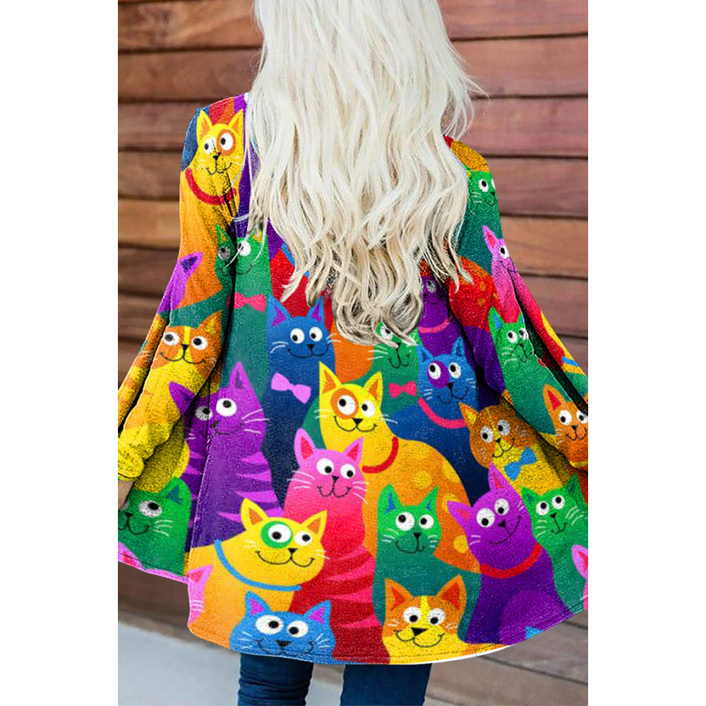 Contrast Cat Print Casual Cardigan