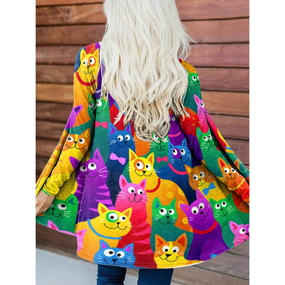 Contrast Cat Print Casual Cardigan