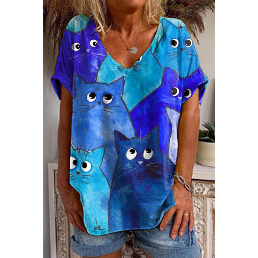 Contrast Cat V-Neck T-Shirt