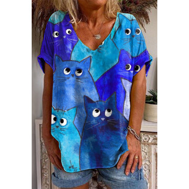 Contrast Cat V-Neck T-Shirt