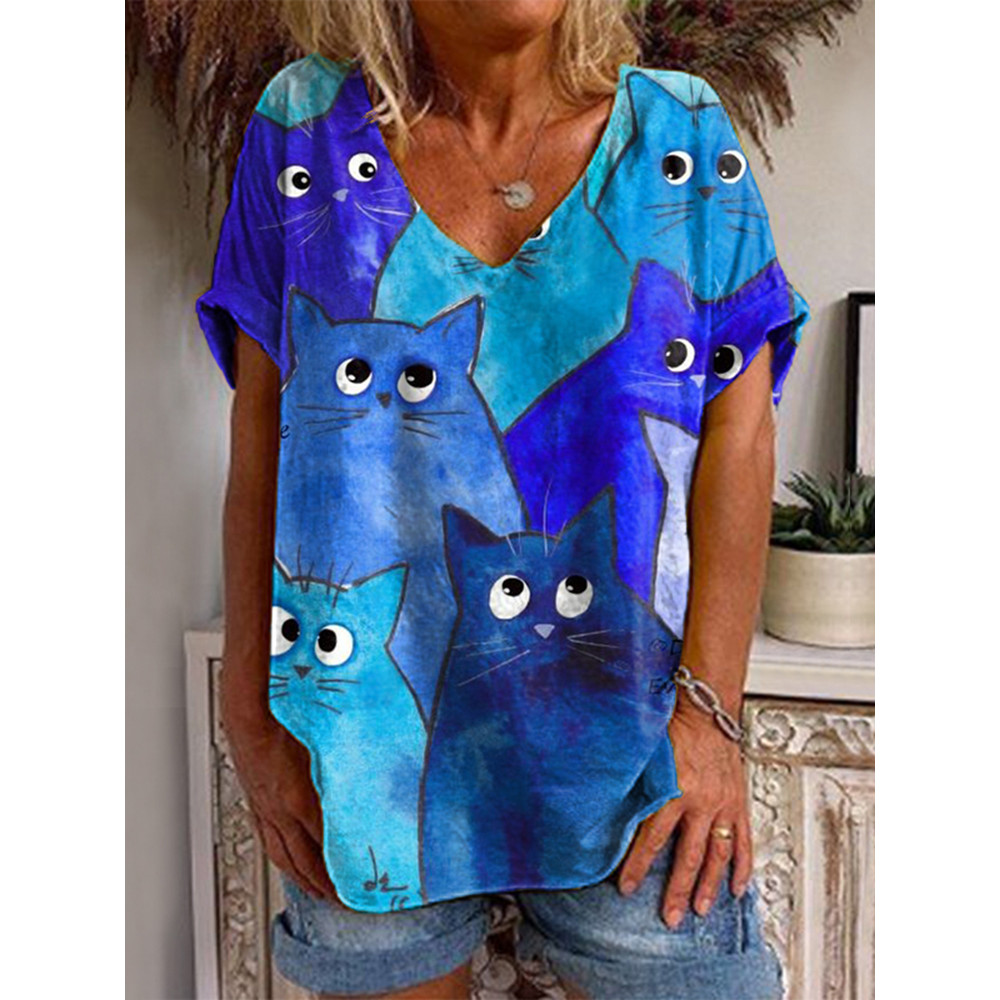 Contrast Cat V-Neck T-Shirt