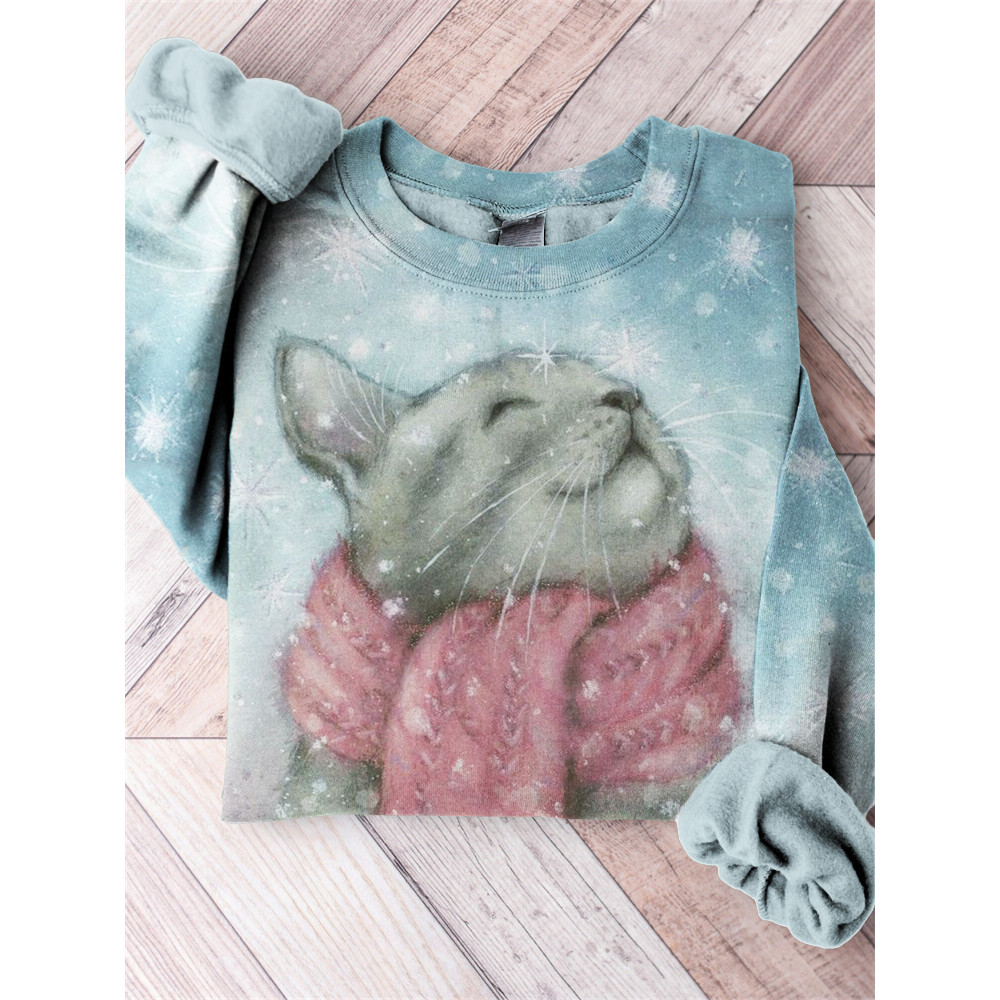Cozy Cat in the Snow Art Comfy Sweatshirt