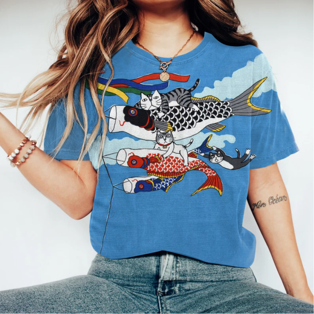 Cozy Japanese Art Fish Flag Cat Graphic T-Shirt