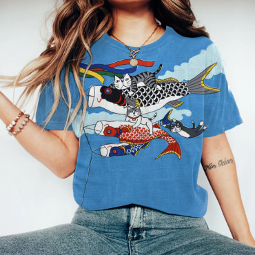 Cozy Japanese Art Fish Flag Cat Graphic T-Shirt