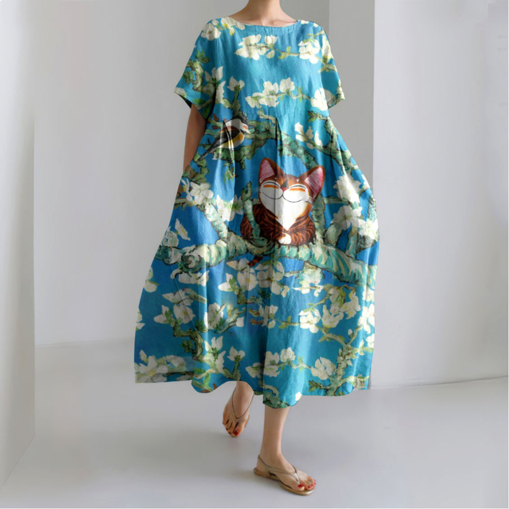 Cozy Kitty Apricot Blossoms Art Oil Painting Linen Blend Maxi Dress