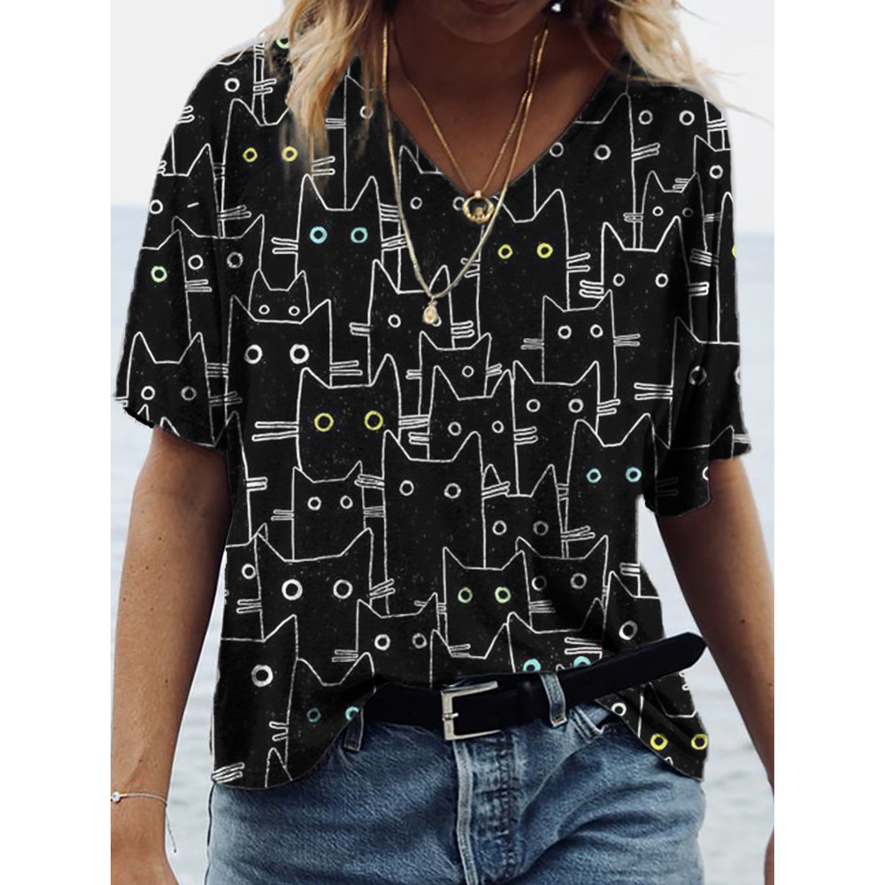 Crowded Black Cats Graphic V Neck T Shirt