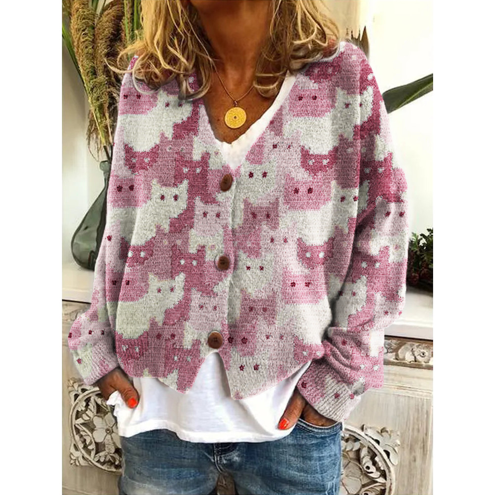 Crowded Cats Pink Crochet Art Cozy Knit Cardigan