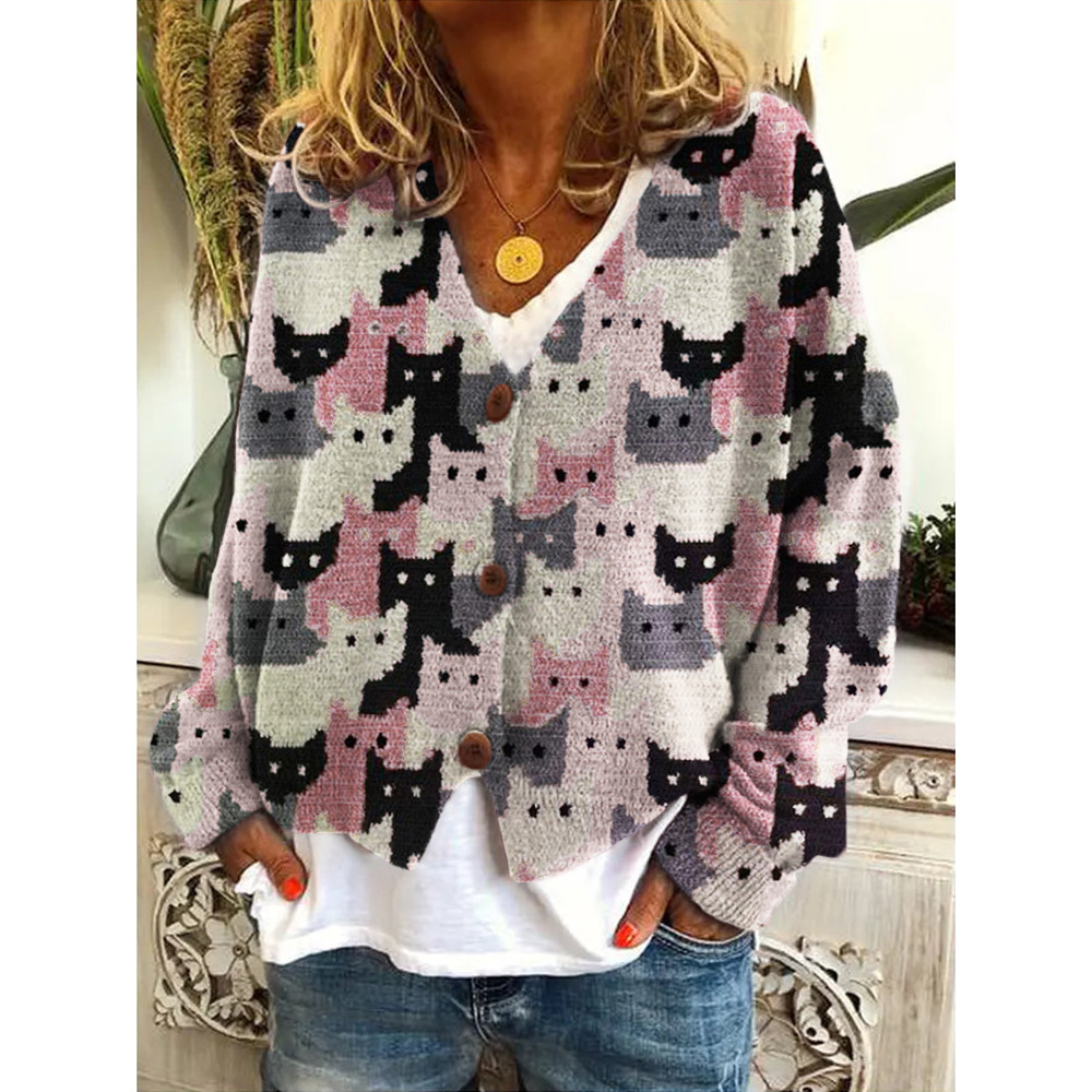 Crowded Cats Pink Crochet Art Cozy Knit Cardigan