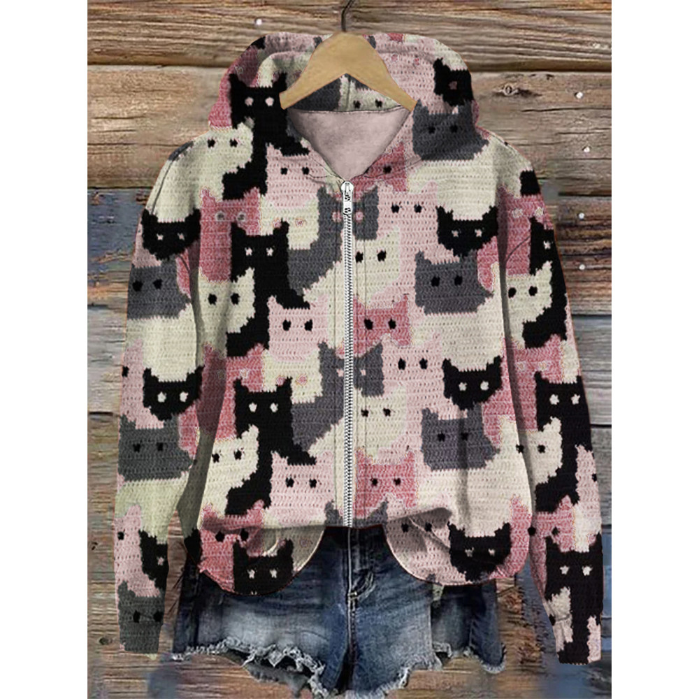 Crowded Cats Pink Knit Art Cozy Full Zip Hoodie