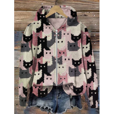Crowded Cats Pink Knit Art Cozy Full Zip Hoodie