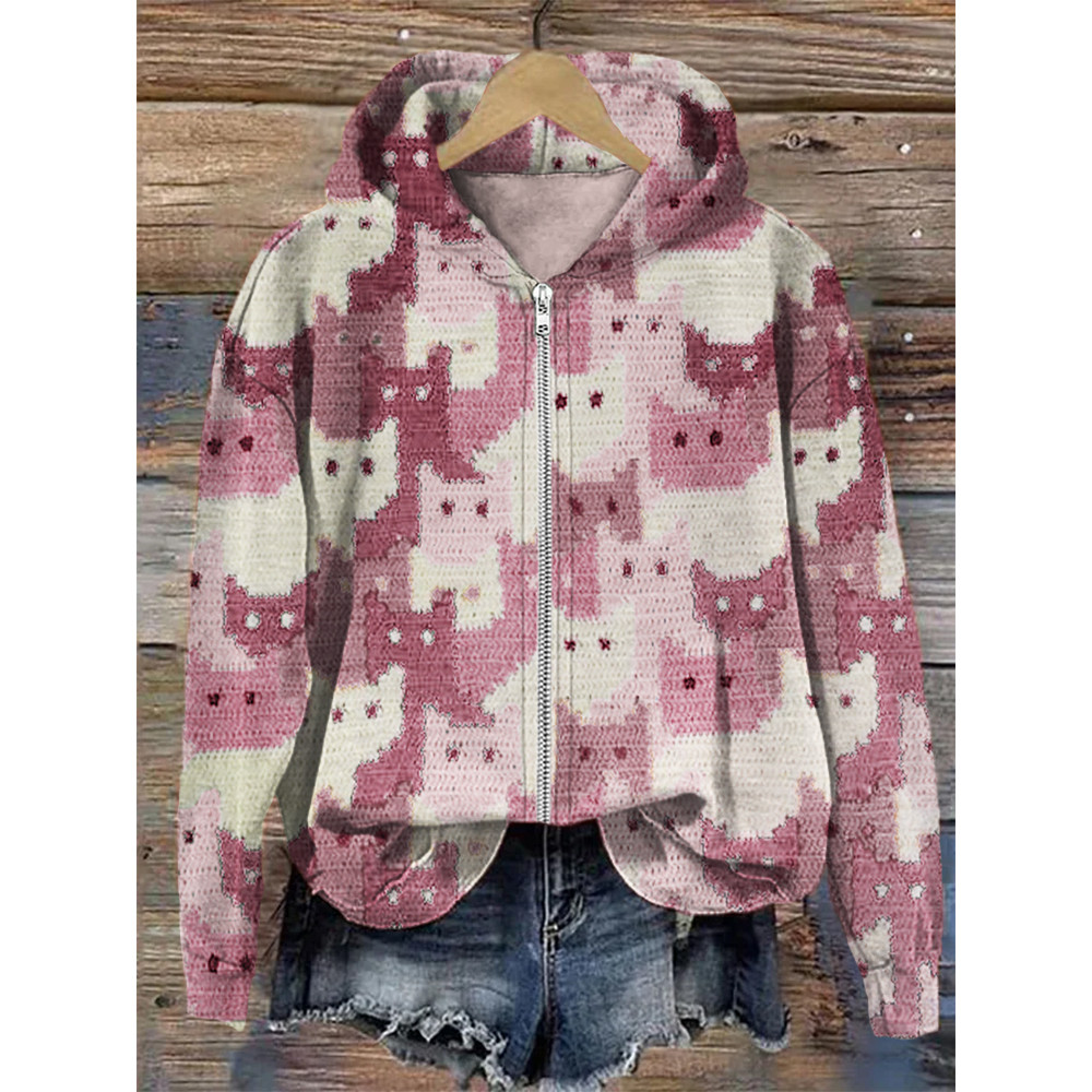 Crowded Cats Pink Knit Art Cozy Full Zip Hoodie